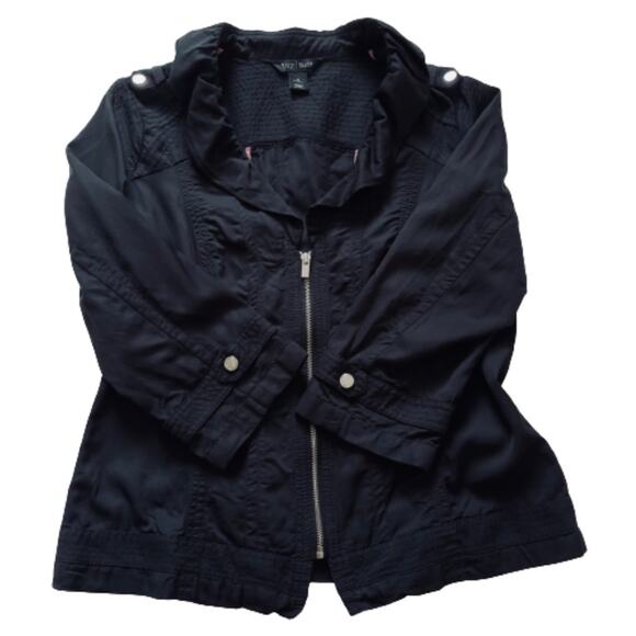 WHBM Jacket Black Zipper Front Ruffled Neck 3/4 Sleeve Utility Jacket Size 14 - Picture 9 of 12